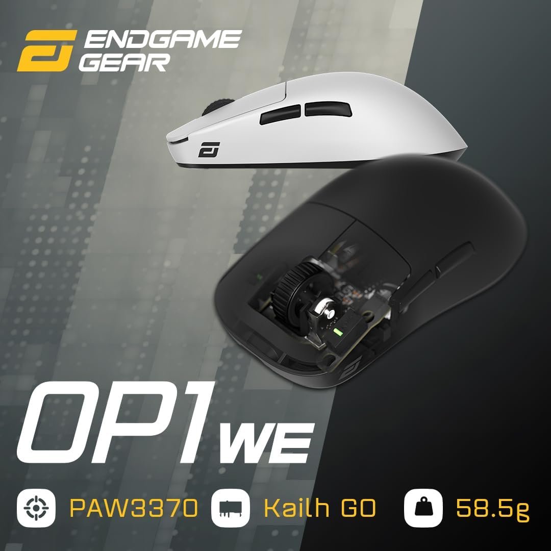 ENDGAME GEAR OP1we Wireless Gaming Mouse, CompX CX52850 Microcontroller, Pixart PAW3370 Optical Sensor, Mod-Friendly, Hybrid Skate Design, Claw Grip, 2.1 oz, Black