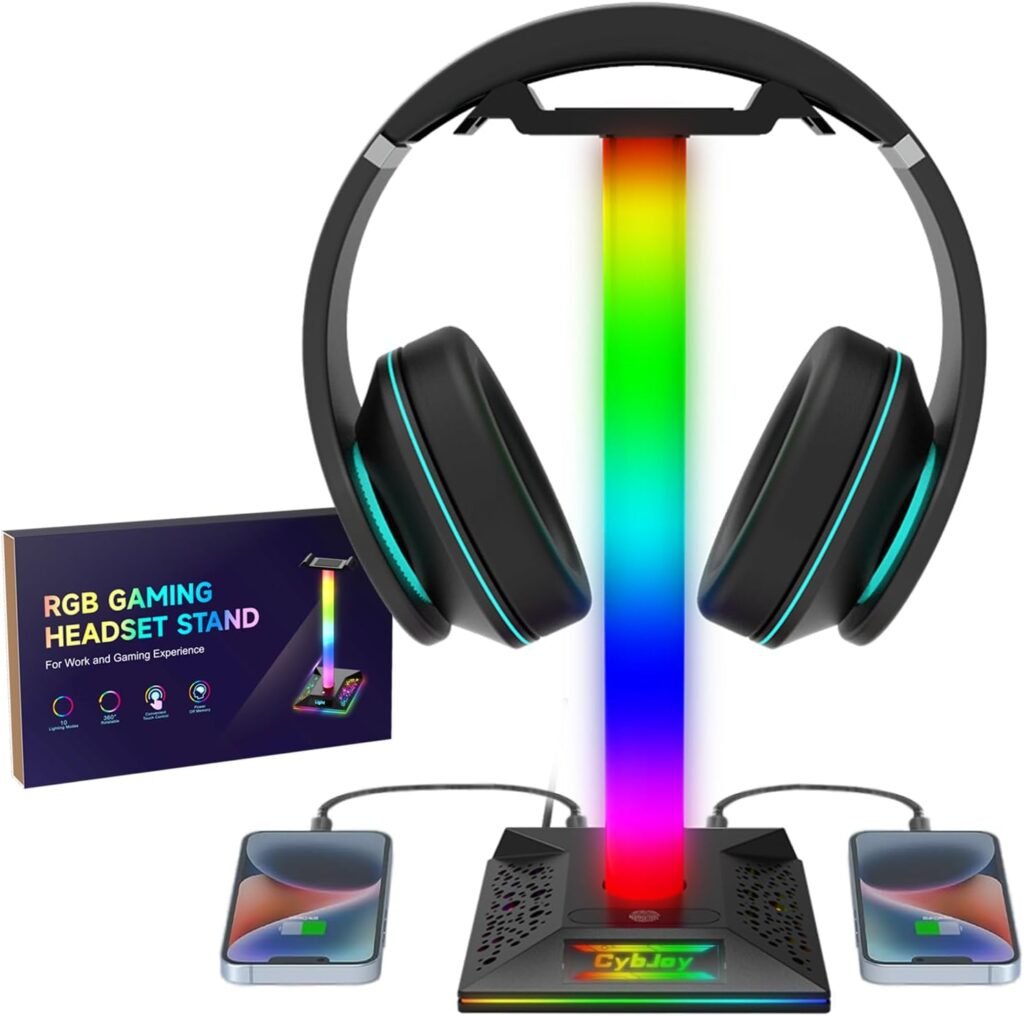 Gaming Headphone Stand PC Accessories - RGB Headset Stand with USB and Type-C Ports, LED Headphone Stand Gift for Boys Men, Computer Game Accessories for Desk