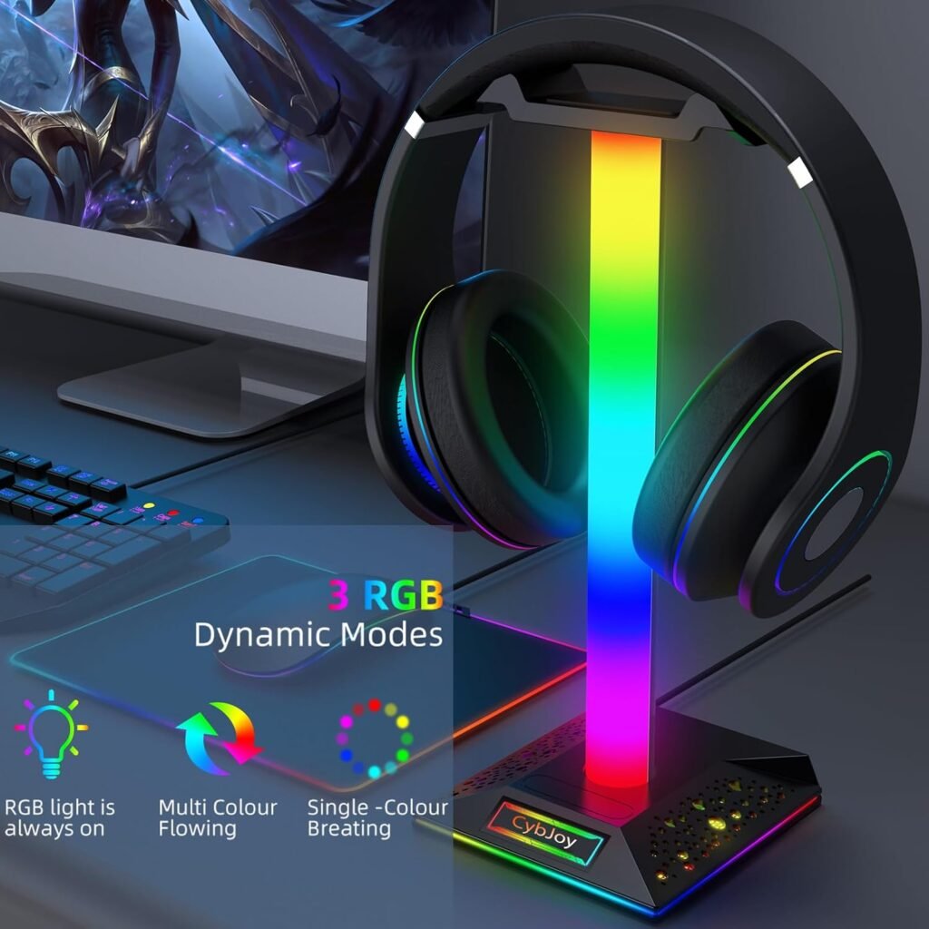 Gaming Headphone Stand PC Accessories - RGB Headset Stand with USB and Type-C Ports, LED Headphone Stand Gift for Boys Men, Computer Game Accessories for Desk