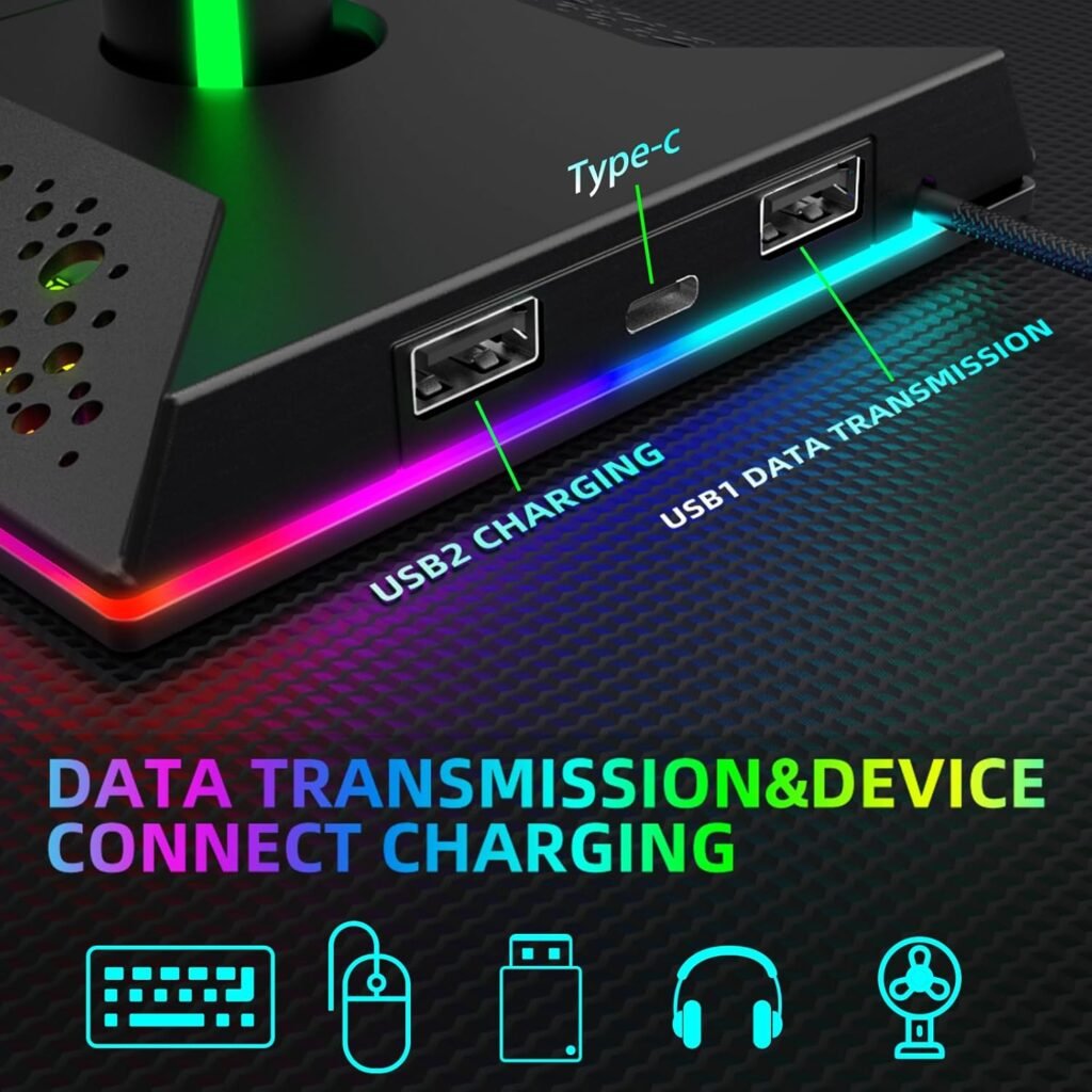 Gaming Headphone Stand PC Accessories - RGB Headset Stand with USB and Type-C Ports, LED Headphone Stand Gift for Boys Men, Computer Game Accessories for Desk