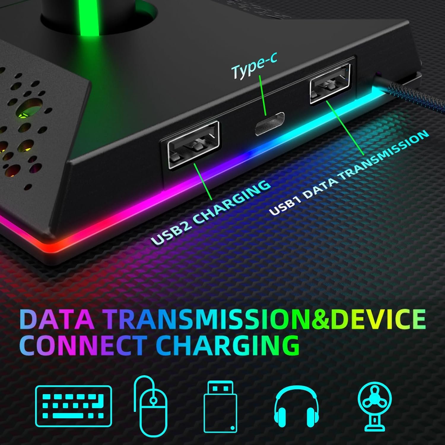 Gaming Headphone Stand PC Accessories – RGB Headset Stand with 2 USB and 1 Type-C Ports, LED Headphone Stand Gift for Boys Men, Computer Game Accessories for Desk
