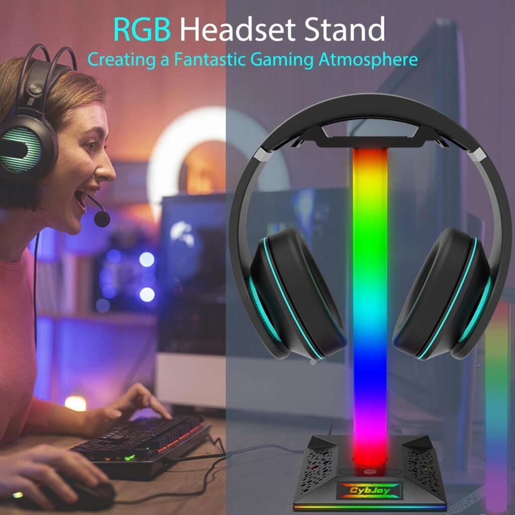 Gaming Headphone Stand PC Accessories - RGB Headset Stand with USB and Type-C Ports, LED Headphone Stand Gift for Boys Men, Computer Game Accessories for Desk