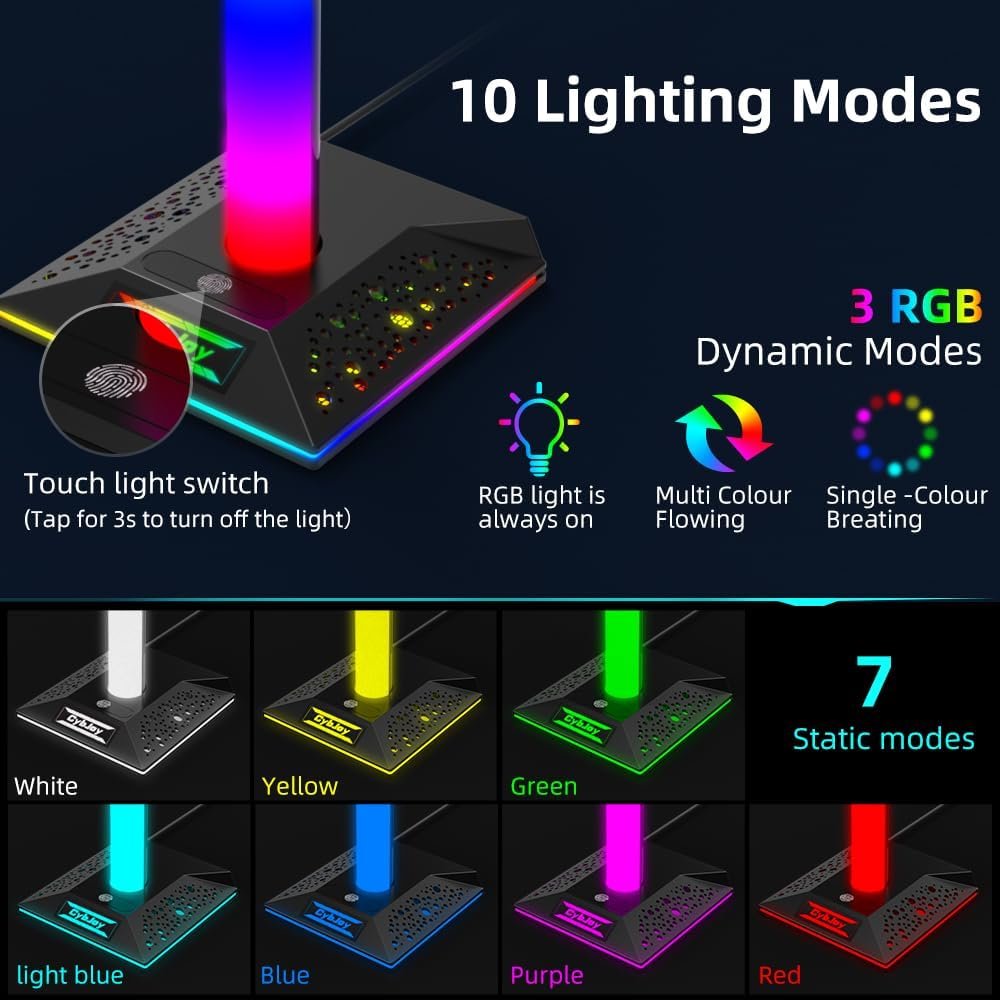 Gaming Headphone Stand PC Accessories - RGB Headset Stand with USB and Type-C Ports, LED Headphone Stand Gift for Boys Men, Computer Game Accessories for Desk