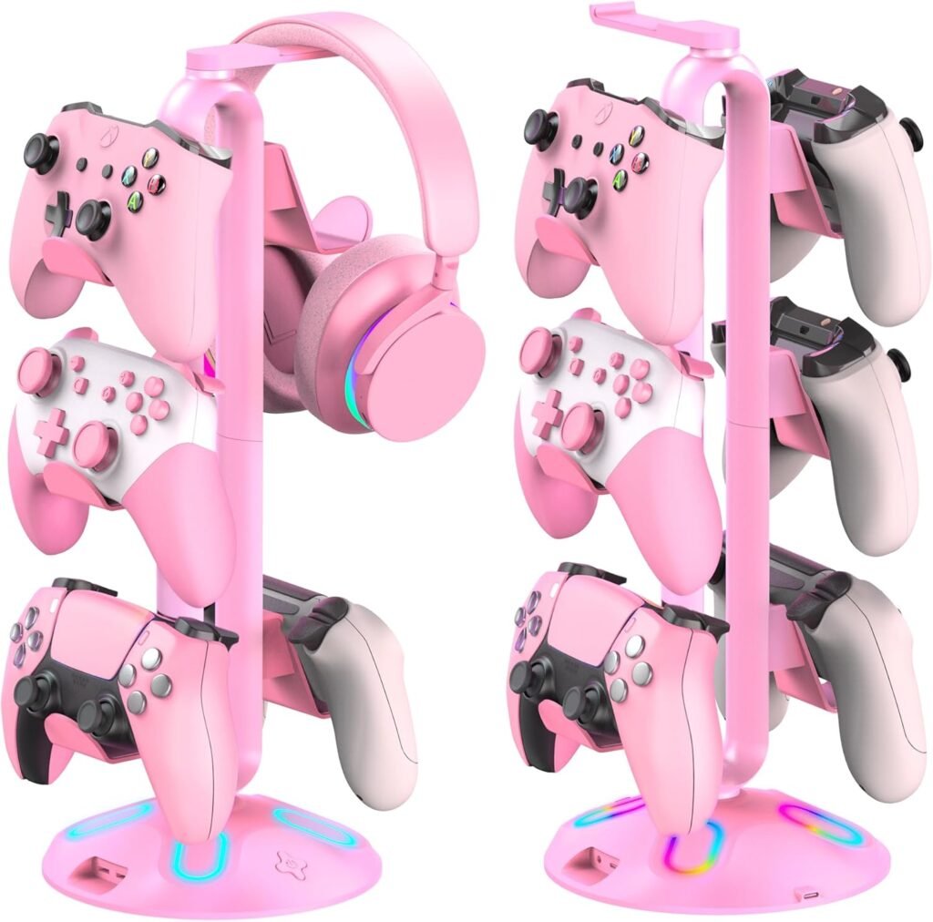 Gaming RGB Headphone Stand, Controller Holder with Light Modes and USB Charging Ports and 3.5mm Type-C - Controller Stand Hanger Accessories for Desk and Gamer(Black) A Gaming RGB Headphone Stand, Controller Holder with Light Modes and USB Charging Ports and 3.5mm Type-C - Controller Stand Hanger Accessories for Desk and Gamer(Black) A