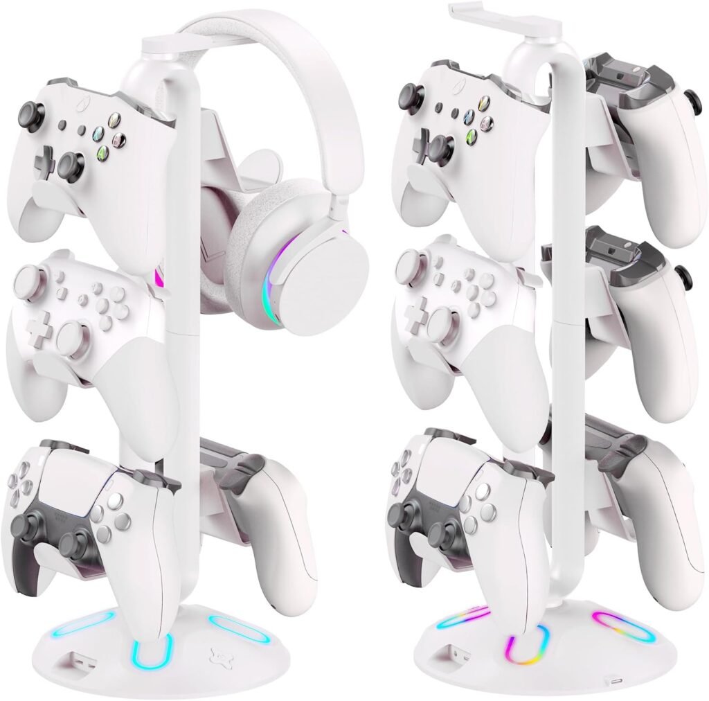 Gaming RGB Headphone Stand, Controller Holder with Light Modes and USB Charging Ports and 3.5mm Type-C - Controller Stand Hanger Accessories for Desk and Gamer(Black) A Gaming RGB Headphone Stand, Controller Holder with Light Modes and USB Charging Ports and 3.5mm Type-C - Controller Stand Hanger Accessories for Desk and Gamer(Black) A