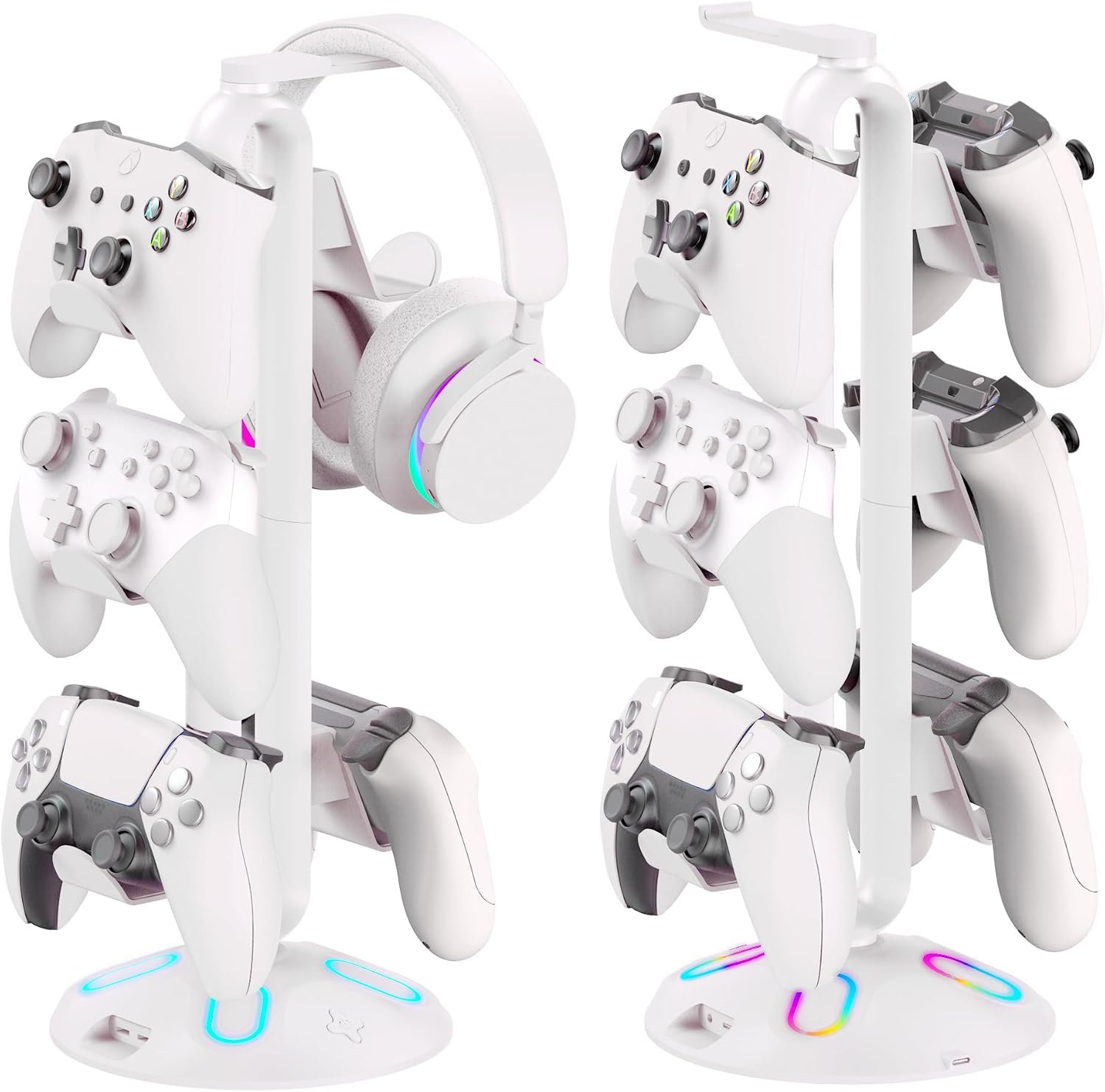 Gaming RGB Headphone Stand, Controller Holder with 9 Light Modes and 2 USB Charging Ports and 3.5mm & Type-C – Controller Stand Hanger Accessories for Desk and Gamer(Black) A