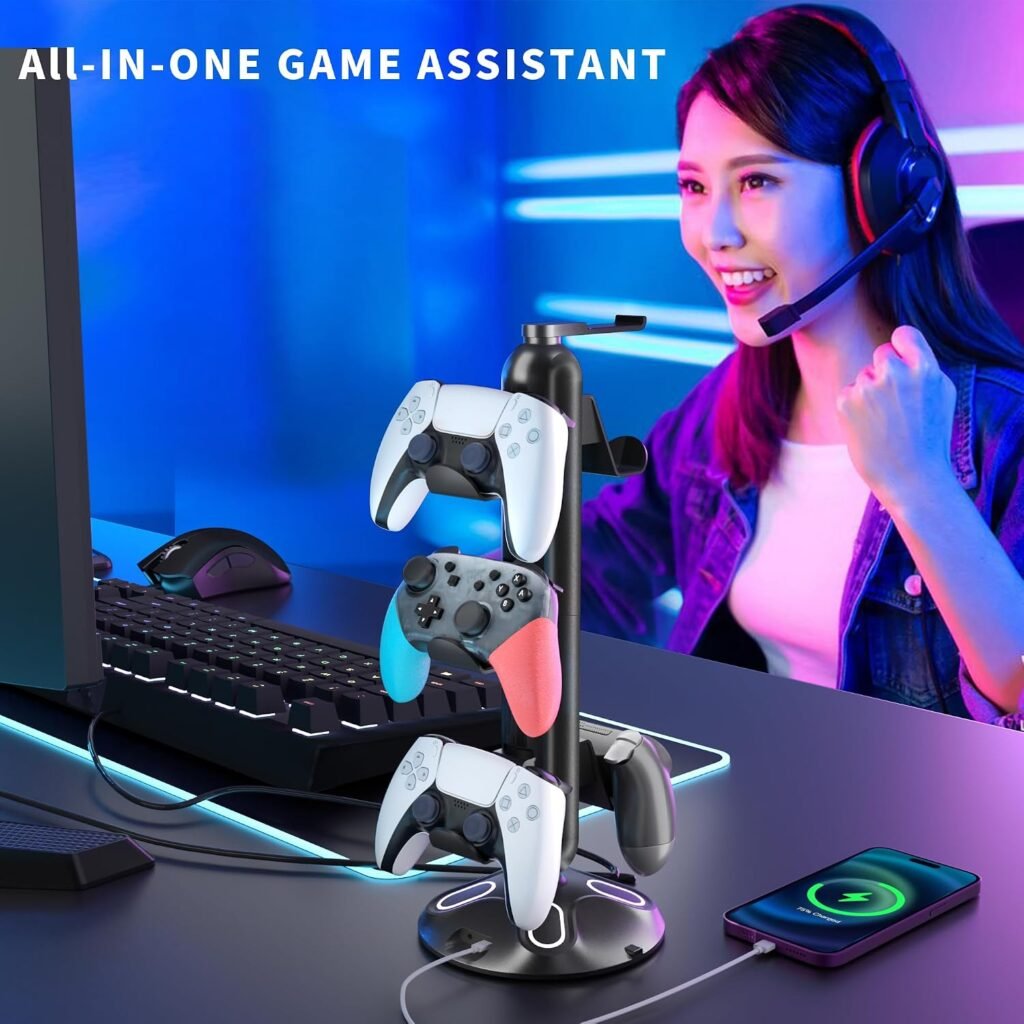 Gaming RGB Headphone Stand, Controller Holder with Light Modes and USB Charging Ports and 3.5mm Type-C - Controller Stand Hanger Accessories for Desk and Gamer(Black) A Gaming RGB Headphone Stand, Controller Holder with Light Modes and USB Charging Ports and 3.5mm Type-C - Controller Stand Hanger Accessories for Desk and Gamer(Black) A