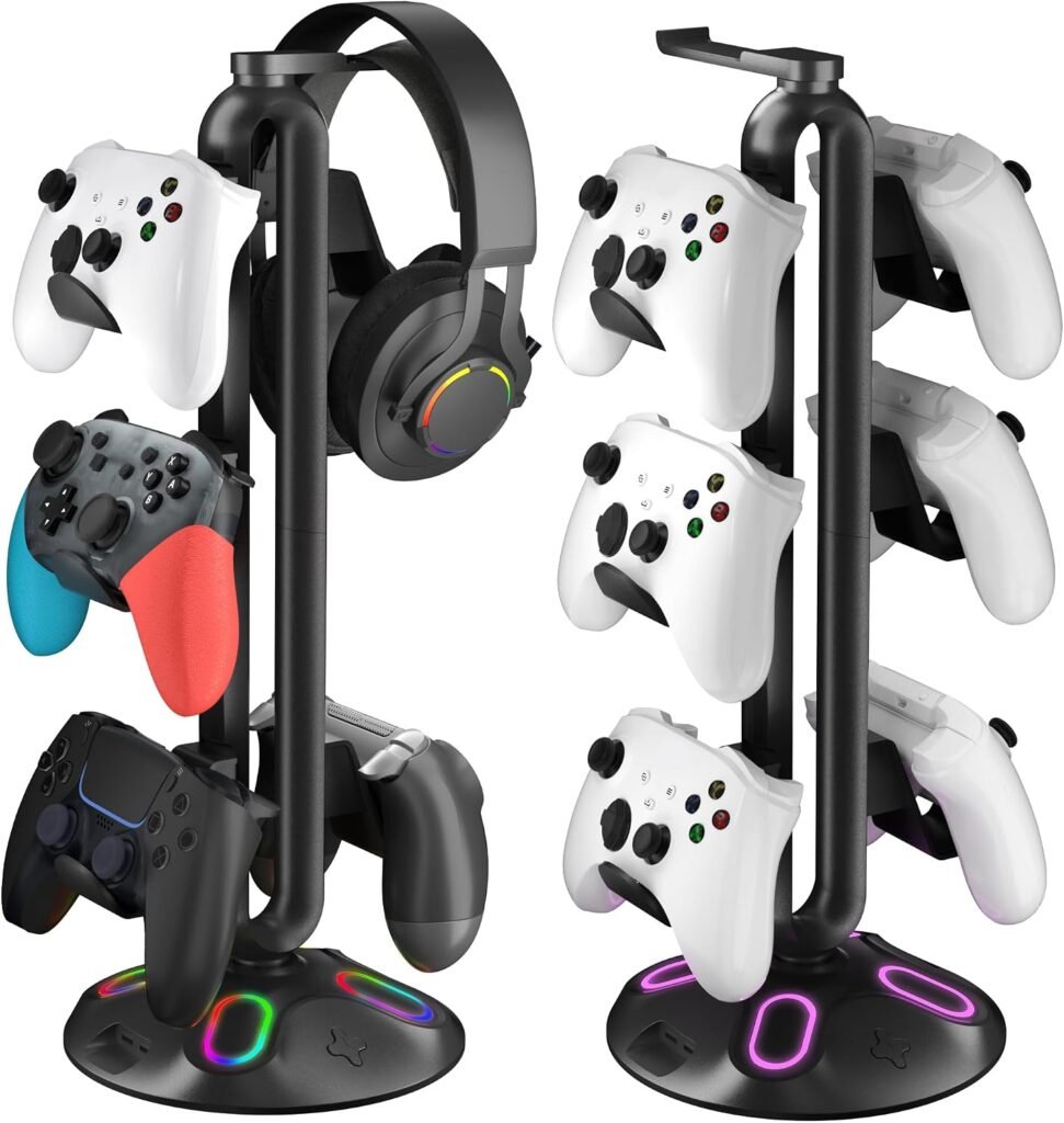 Gaming RGB Headphone Stand, Controller Holder with Light Modes and USB Charging Ports and 3.5mm Type-C - Controller Stand Hanger Accessories for Desk and Gamer(Black) A Gaming RGB Headphone Stand, Controller Holder with Light Modes and USB Charging Ports and 3.5mm Type-C - Controller Stand Hanger Accessories for Desk and Gamer(Black) A