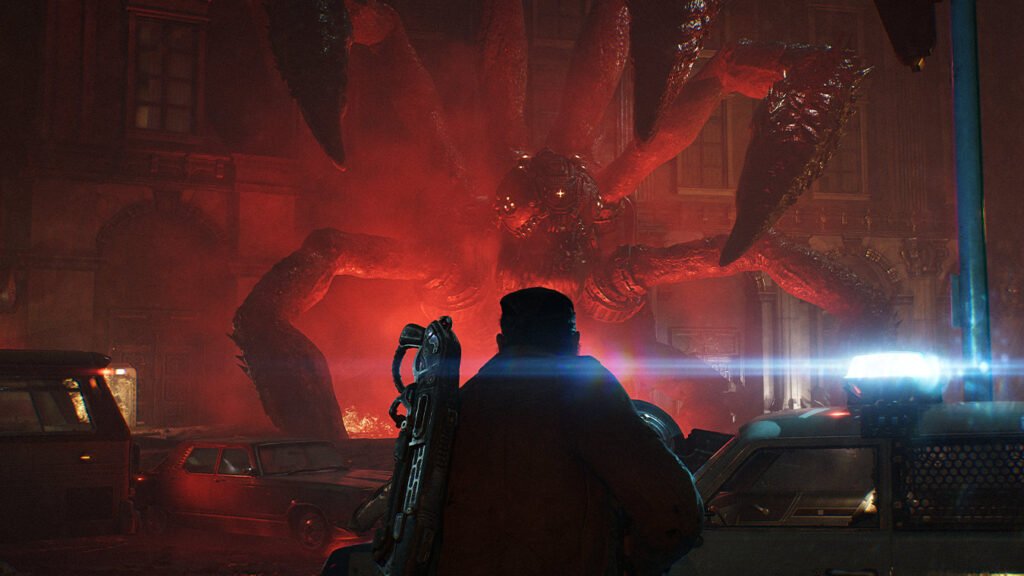 Marcus Fenix facing a giant Locust creature in Gears of War: E-Day