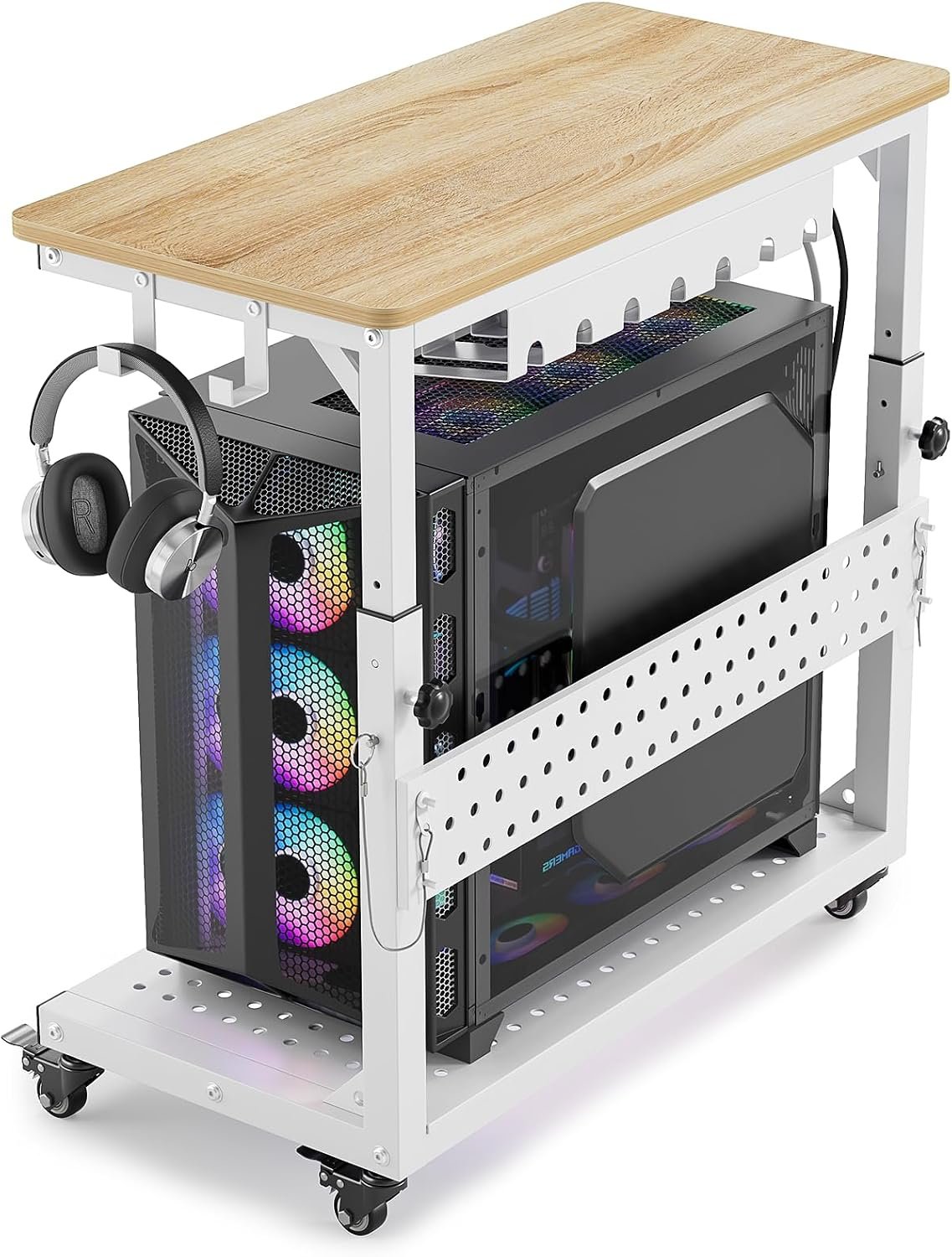 GreenForest Heavy Duty PC Stand, Gaming Computer Tower Cart with Wheels | Metal Frame Supports 150 Lbs Full-Tower. Steel Casters Smooth Rolling. Easy Height Adjustable. Industrial Oak top