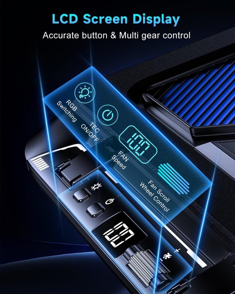 Laptop Cooling Pad with Dual Core Cooler, Gaming Laptop Cooler with 5.5in Powerful Turbofan(9500 RPM), Fast Cooling Laptop 12-21in, Height Stands, Gear Speed, LCD Screen, RGB, Phone Holder
