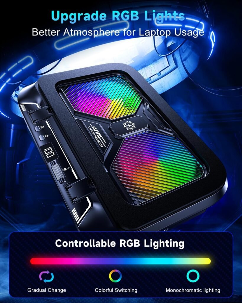 Laptop Cooling Pad with Dual Core Cooler, Gaming Laptop Cooler with 5.5in Powerful Turbofan(9500 RPM), Fast Cooling Laptop 12-21in, Height Stands, Gear Speed, LCD Screen, RGB, Phone Holder