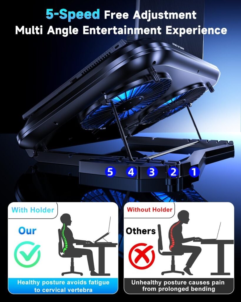 Laptop Cooling Pad with Dual Core Cooler, Gaming Laptop Cooler with 5.5in Powerful Turbofan(9500 RPM), Fast Cooling Laptop 12-21in, Height Stands, Gear Speed, LCD Screen, RGB, Phone Holder
