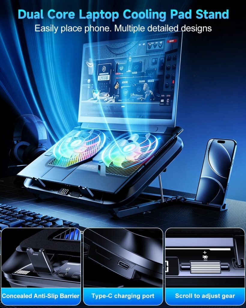 Laptop Cooling Pad with Dual Core Cooler, Gaming Laptop Cooler with 5.5in Powerful Turbofan(9500 RPM), Fast Cooling Laptop 12-21in, Height Stands, Gear Speed, LCD Screen, RGB, Phone Holder