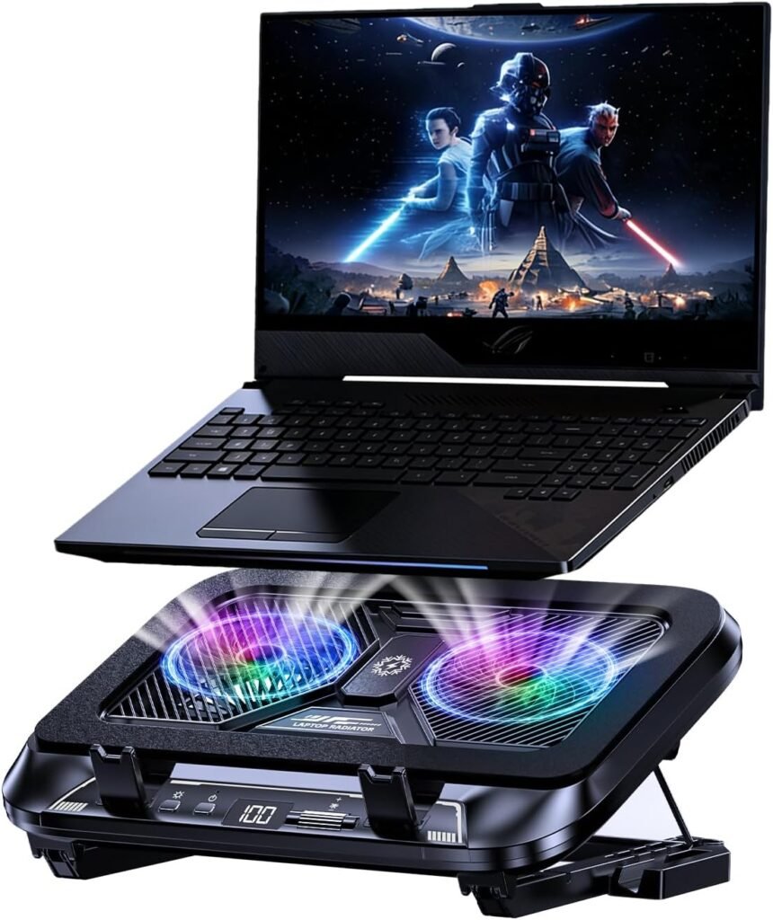 Laptop Cooling Pad with Dual Core Cooler, Gaming Laptop Cooler with 5.5in Powerful Turbofan(9500 RPM), Fast Cooling Laptop 12-21in, Height Stands, Gear Speed, LCD Screen, RGB, Phone Holder