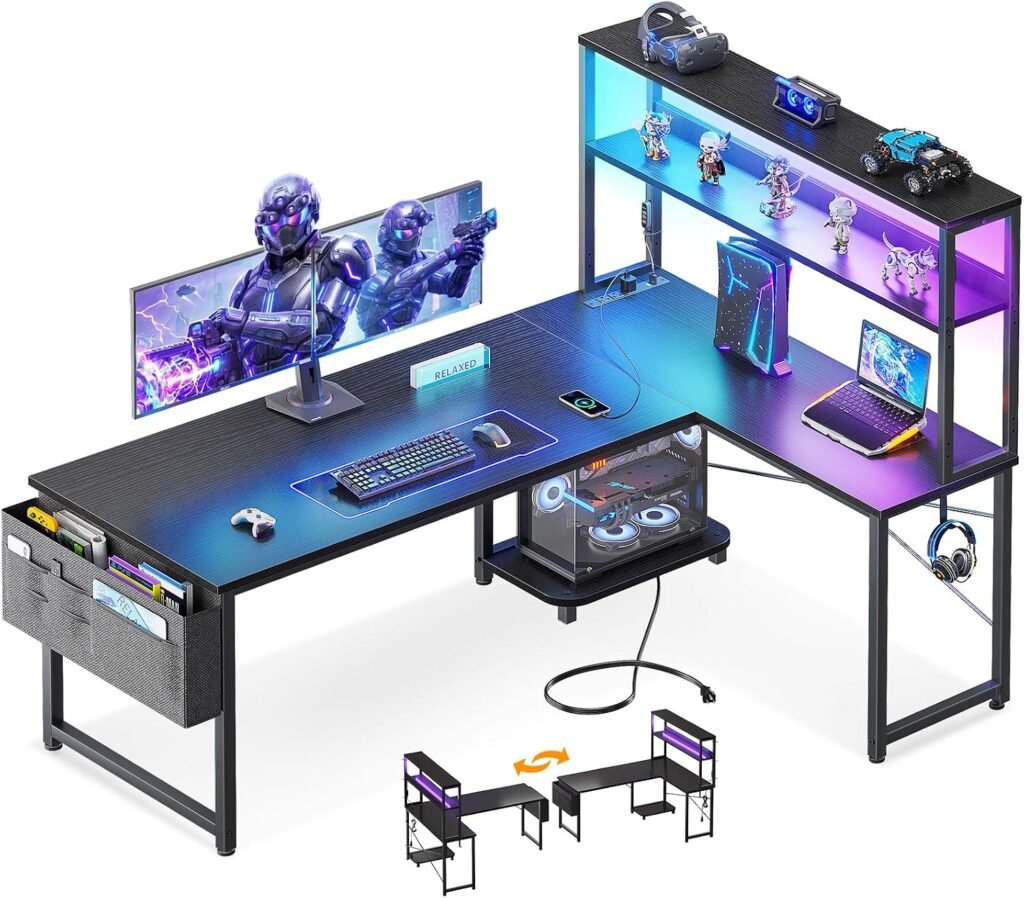 ODK L Shaped Gaming Desk with Shelves, LED  Outlets, Black