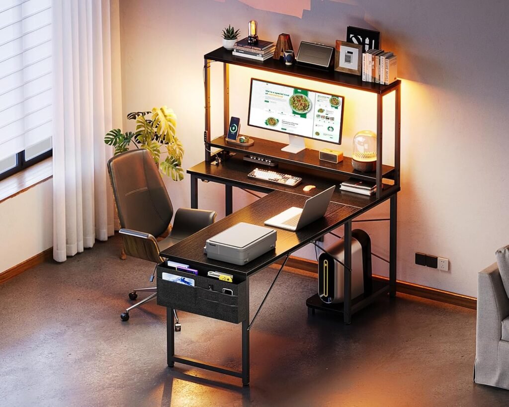 ODK L Shaped Gaming Desk with Shelves, LED  Outlets, Black