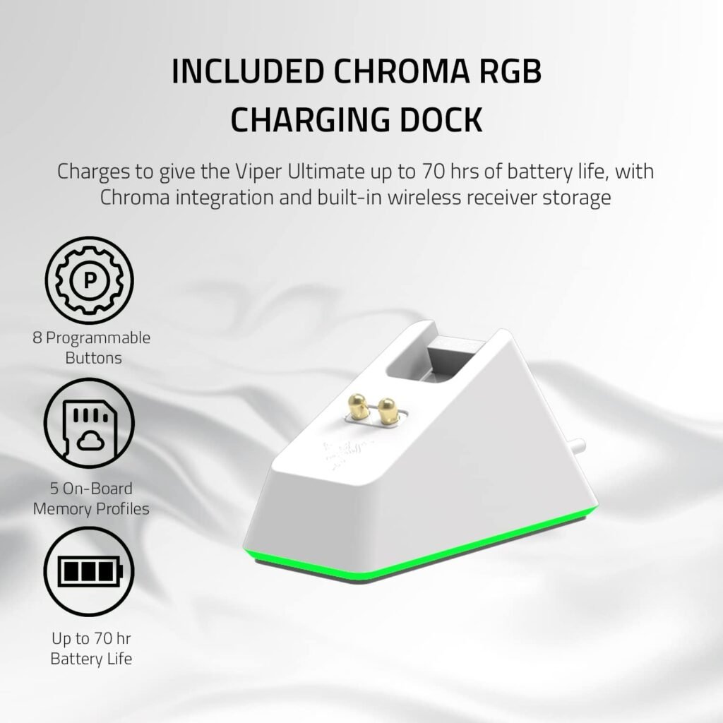 Razer Viper Ultimate Lightweight Wireless Gaming Mouse  RGB Charging Dock: Hyperspeed Wireless Technology - 20K DPI Optical Sensor - 74g Lightweight - Hr Battery - Mercury White