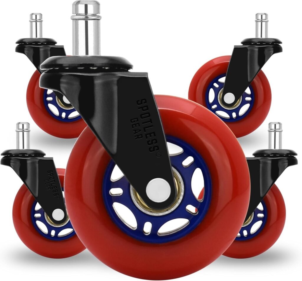 Roller blade Office Chair Wheels for Gaming Chair, inch Replacement Rubber Casters for Hardwood Floors  Carpet, Ultra Smooth  Quiet Heavy Duty Desk Chair Wheels, Set of (Red Blaze)