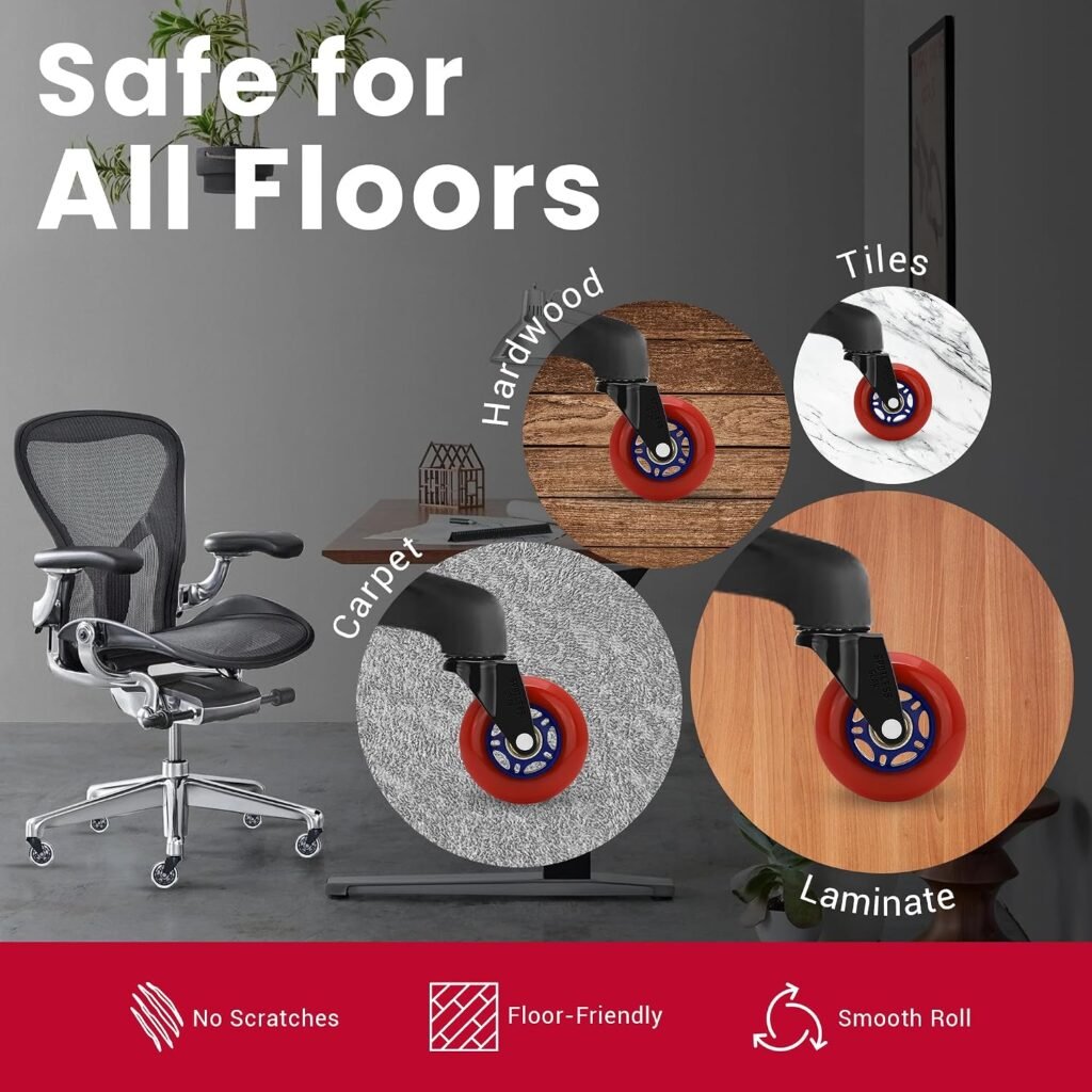 Roller blade Office Chair Wheels for Gaming Chair, inch Replacement Rubber Casters for Hardwood Floors  Carpet, Ultra Smooth  Quiet Heavy Duty Desk Chair Wheels, Set of (Red Blaze)