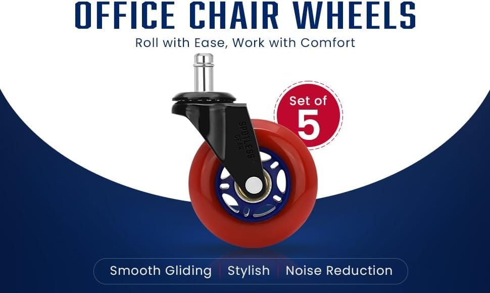 Roller blade Office Chair Wheels for Gaming Chair, 3 inch Replacement Rubber Casters for Hardwood Floors & Carpet, Ultra Smooth & Quiet Heavy Duty Desk Chair Wheels, Set of 5 (Red Blaze)