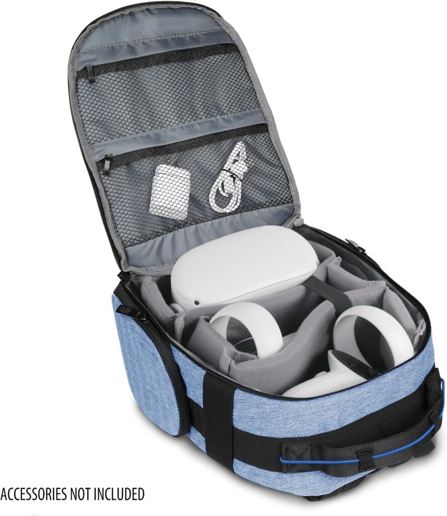 USA GEAR VR Headset Case - Virtual Reality Backpack with Customizable Interior Compartments Compatible with VR Gaming Headset, Controllers, and More Virtual Reality Gaming Accessories - Blue