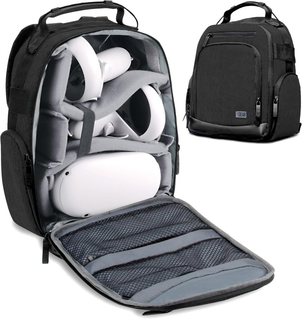 USA GEAR VR Headset Case - Virtual Reality Backpack with Customizable Interior Compartments Compatible with VR Gaming Headset, Controllers, and More Virtual Reality Gaming Accessories - Blue