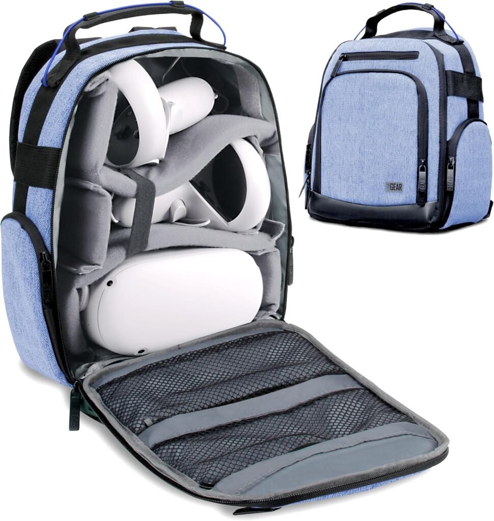 USA GEAR VR Headset Case - Virtual Reality Backpack with Customizable Interior Compartments Compatible with VR Gaming Headset, Controllers, and More Virtual Reality Gaming Accessories - Blue