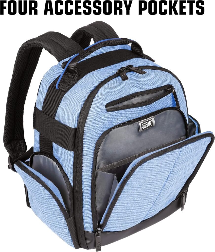 USA GEAR VR Headset Case - Virtual Reality Backpack with Customizable Interior Compartments Compatible with VR Gaming Headset, Controllers, and More Virtual Reality Gaming Accessories - Blue