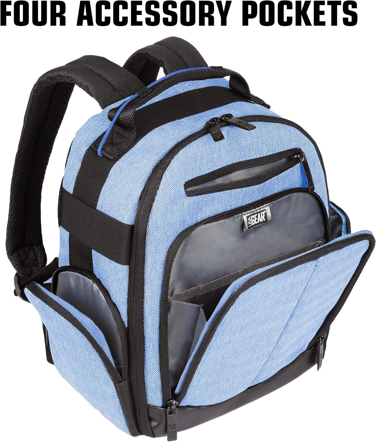 USA GEAR VR Headset Case – Virtual Reality Backpack with Customizable Interior Compartments Compatible with VR Gaming Headset, Controllers, and More Virtual Reality Gaming Accessories – Blue