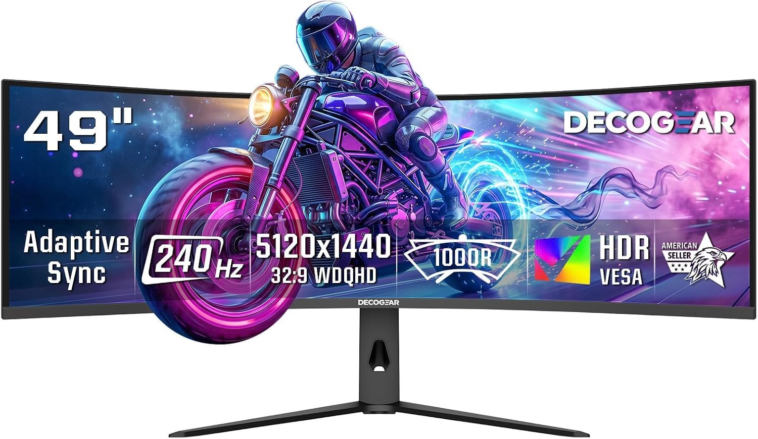 Deco Gear R1000 49” Curved Super Ultrawide Dual QHD Monitor 5120×1440 240 Hz 1000R E-LED HDR Adaptive Sync HDMI 2.1 DisplayPort 1.4 PIP PBP Overdrive Gaming Workstation Display